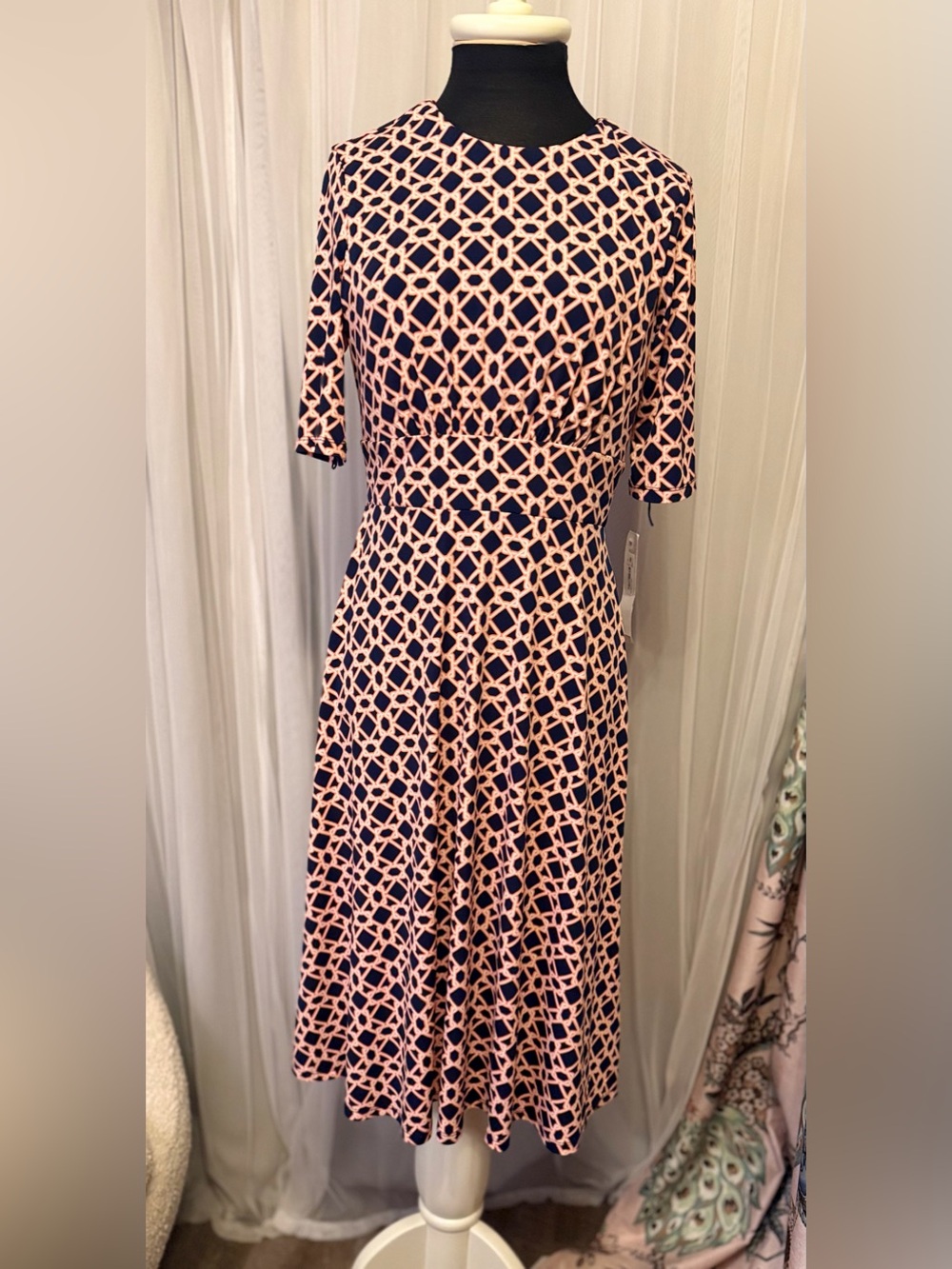 NWT London Times Petite 4P Navy Coral Geometric Fit & Flare Midi Dress